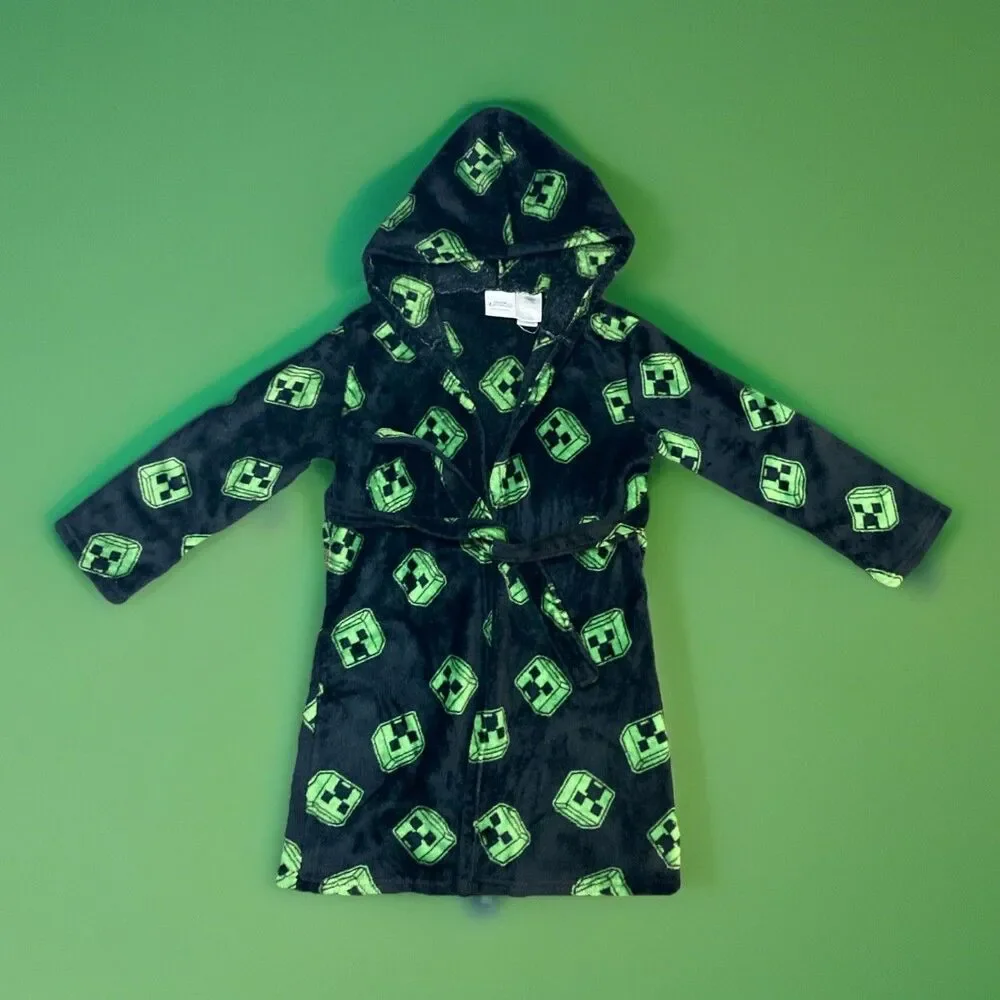 Minecraft Game Fleece Creeper Bathrobe Tie Wait Black/Green Kids Size L (10)